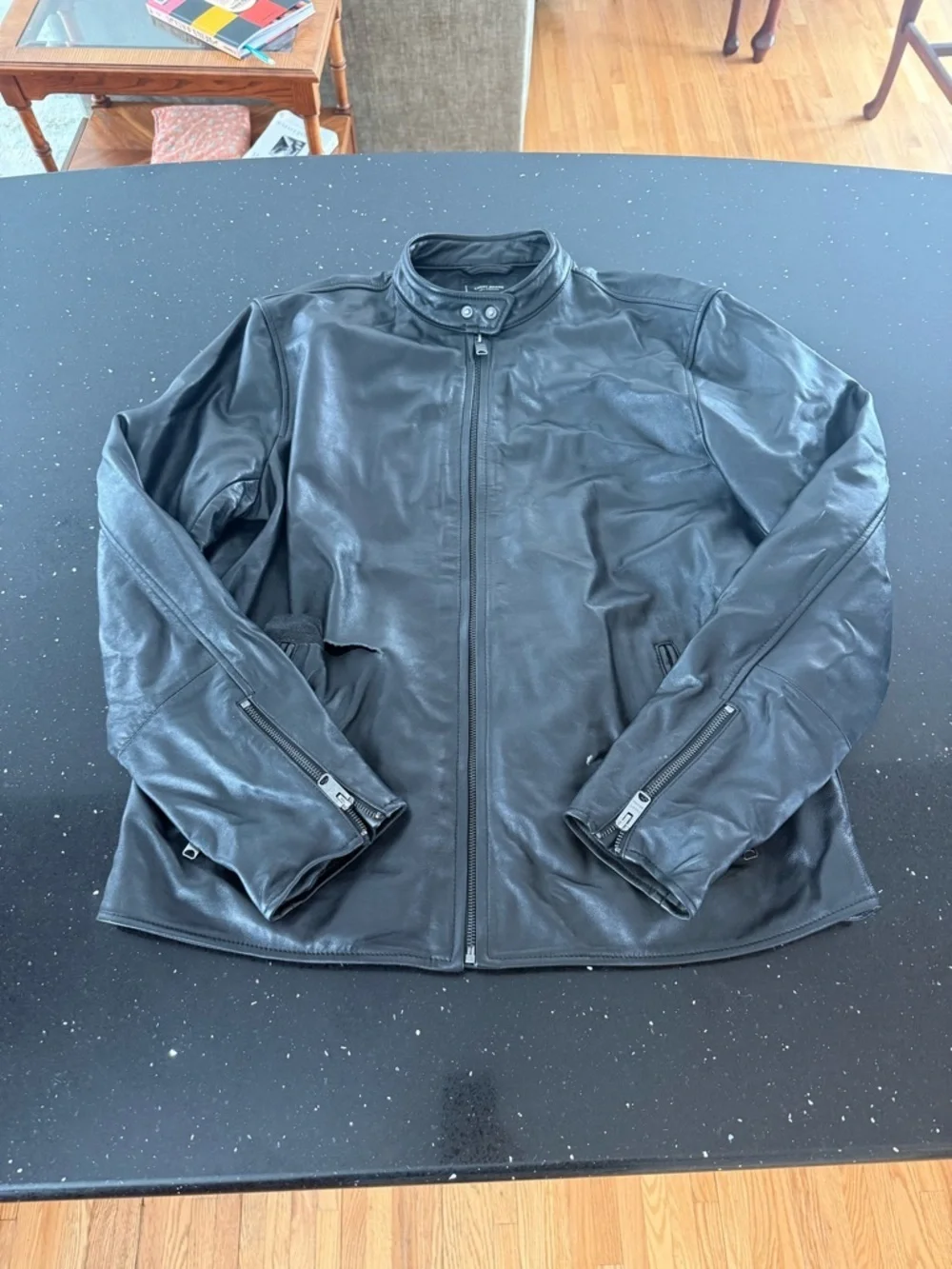 Men's Black Leather Bomber Jacket with Stand Collar *Flawed